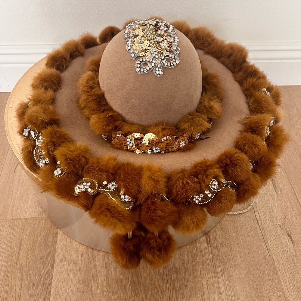 Luxury Vtg Hat Attack New York Wool Real Fur Trim Brown Wide Brim‎ Formal Hat